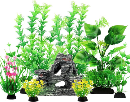 Fish Tank Accessories Artificial Plants, 9pcs Green Aquarium Decorations Plants and Cave Rock Decor Set, Aquarium
