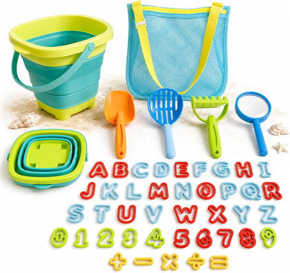 47pc Collapsible Beach Toys for Toddlers Kids ,Educational Sand Toys with Letter & Number Molds, Collapsible Bucket