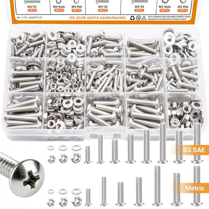 408PCS Machine Screws Nuts and Bolts Assortment Kit (# 6-32/# 8-32/#10-24 & M3/M4/M5) SAE & Metric 304 Stainless
