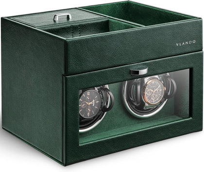 Double Watch Winder for Automatic Watches with Jewelry Tray, Green | Quiet Japanese Motor Winds Two Automatic Watches