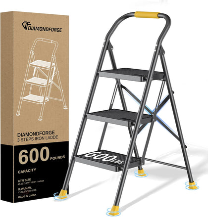 3 Step Ladder Foldable Folding Stool - for Home Adults Kitchen, Iron, Black, Extension Tall Heavy Duty with Handrails
