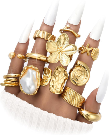 12 PCS Chunky Gold Rings for Women Non Tarnish Statement Flower Ring, 14K Gold Plated Stackable Open Stacking Rings