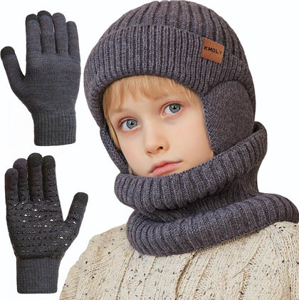 Kids Winter Beanie Hat Scarf Gloves Set 4-10Y, Knit Hat With Earmuffs Neck Gaiter Fleece Lined Touchscreen Gloves