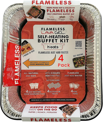 Self-Heating Buffet Kit – Flameless Food Warmer Set for Parties – Includes 4 Trays, 4 Half-Size Heat Pads & Foil Pans