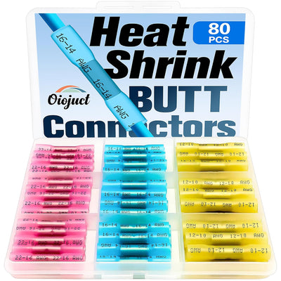 Heat Shrink Butt Connectors - Oiojuct Waterproof Wire Crimps for Marine and Automotive Wiring (80Pcs)