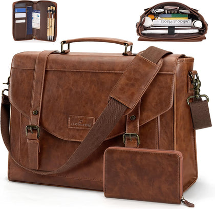Flap Messenger Bag for Men Vintage PU Leather Laptop Bag 15.6 Inch Retro Briefcase with Wallet Satchel Computer Bag