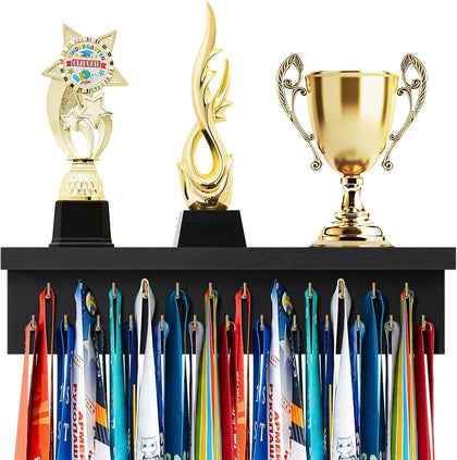 Wooden Medal Hanger Display Trophy Holder Shelf with 25/37/49/65/83 Hooks Wall Mount Ribbon Holder Gift for