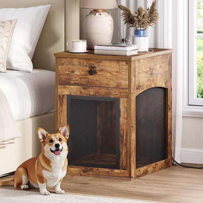 Dog Crate Furniture, Dog Kennel with Drawer and Charging Station, Indoor Decorative Puppy House, Wooden Pet Crate End