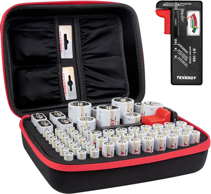 Battery Organizer Storage Case with Battery Tester, Holds 60 Batteries AA AAA C D 9V (Batteries not Included)