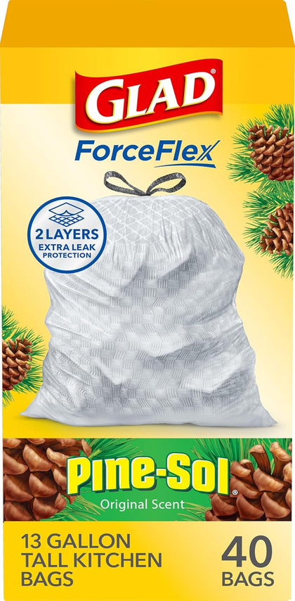ForceFlex Tall Kitchen Trash Bags, 13 Gallon, Pine-Sol Original, 40 Count (Package May Vary)