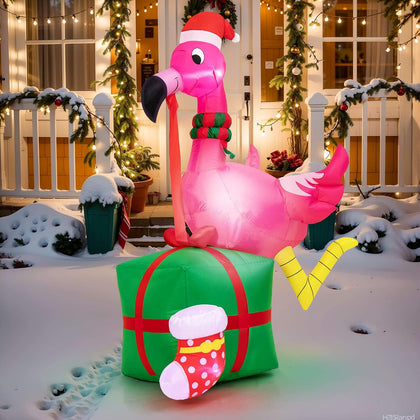 Christmas Inflatables Outdoor Decorations - 6FT Christmas Blow Up Flamingo LED Lights with Gift Box & Christmas