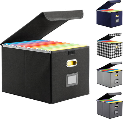Collapsible File Box with Lid & Plastic Slide - Hanging Document Organizer for Office/Home, 14.96x12.6x10.83
