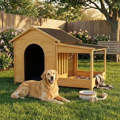 Outdoor Dog House with Insulated Liner, Wooden Kennel with Porch