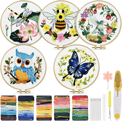 5 Sets Embroidery Kit for Beginners Adult, Embroidery Kit for Beginners Include Embroidery Cloth Hoops Threads for