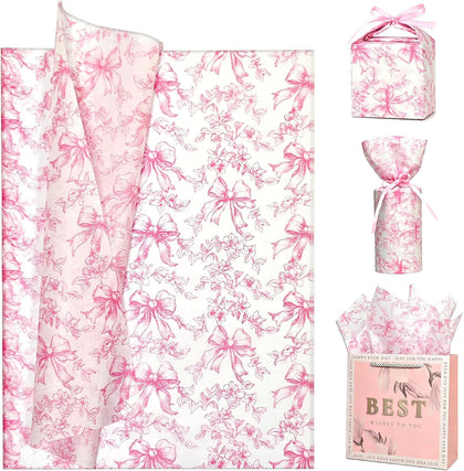 Pink Bow Floral Tissue Paper for Gift Bags, 60 Sheets 20x14 Inch