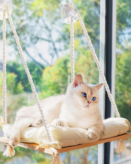 Cat Window Perch with Industrial-Grade Suction Cups - Solid Pine Wood Hammock Bed, Soft Cushion - 42 lb Capacity for