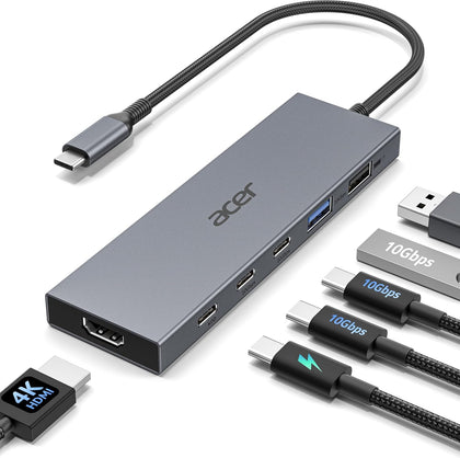 6-in-1 USB C Hub 10Gbps, USB C to HDMI Adapter 4K@60Hz, 2×USB-C 3.2, 1×USB A 3.2, 1×USB 2.0 Data Transfer, 100W PD