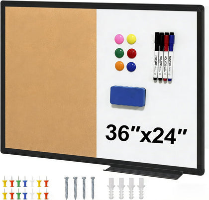 Cork Board White Board Combo, 36" X 24" Magnetic Whiteboard Bulletin Combination Board, Black Aluminum Frame Vision