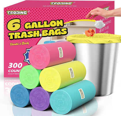 Medium 6 Gallon Trash Bags Unscented, 0.94 Mil, Colored, 300 Count | 22 Liter Garbage Bag, Plastic Waste Basket Can