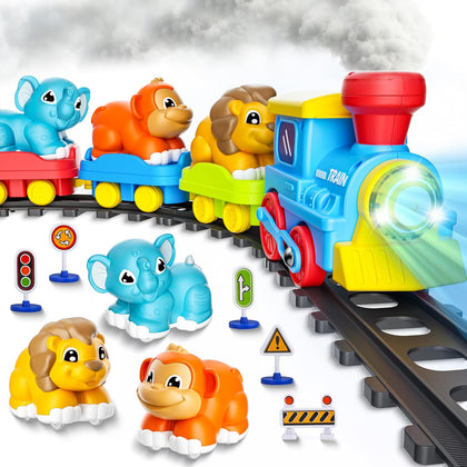 Train Set for Toddlers with Steam, Music, Lights and 3 Animal Cars | Electric train fun meets animal play with music