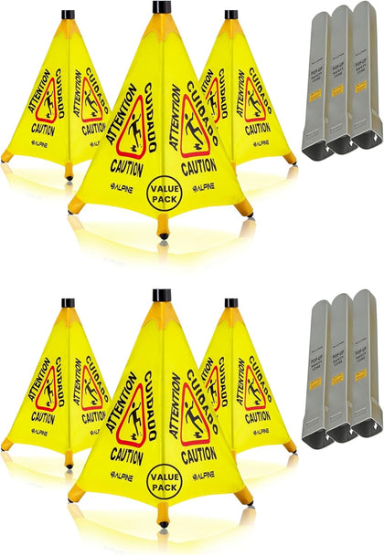 Caution Wet Floor Sign 6 Pack - Pop Up Slippery When Wet Sign, Wall Mounted Foldable Bilingual Yellow Safety Warning