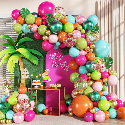Tropical Luau Balloon Arch Kit 146Pcs Hot Pink Pearl Pink Green Blue Orange Gold Metallic Green Confetti Balloons