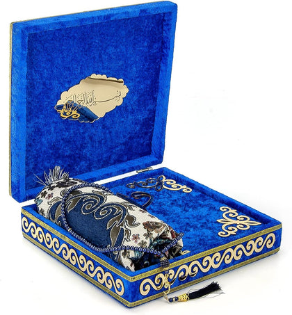 Luxury Islamic Prayer Velvet Covered Gift Box, Deluxe 4 Piece Set with Elegant Velvet Covered Quran & Prayer Beads
