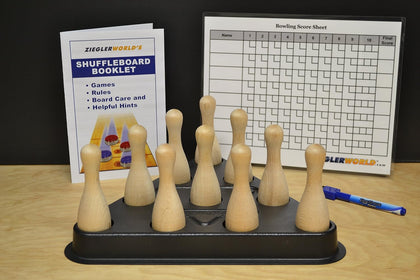 Table Shuffleboard Bowling Brown Pins - Pinsetter - Rules Booklet Scoring Chart & Storage Carrier Bag