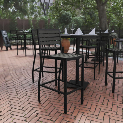 Commercial Grade Bar Height Stool, All-Weather Outdoor Bar Stool with Faux Wood Poly Resin Slats and Aluminum Frame