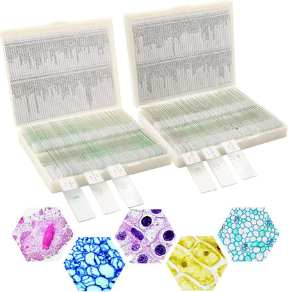 200 Packs Microscope Slides, 100 Plants & 100 Animal Tissues Includes Labels and Case for Biological Science Education