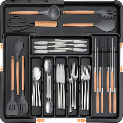 Silverware Organizer - Expandable Large Kitchen Drawer Organizer Utensil Organizer with 2 Removable Knife Blocks