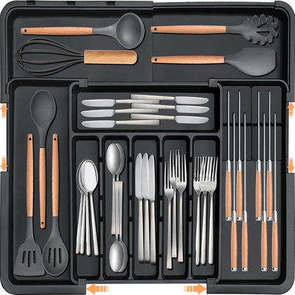 Silverware Organizer - Expandable Large Kitchen Drawer Organizer Utensil Organizer with 2 Removable Knife Blocks