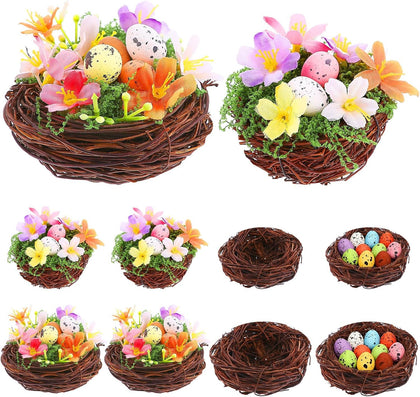 8 Sets Bird Nest Decor Kit Artificial Bird Rattan Nests with Colorful Eggs Moss Flowers DIY Faux Nest Spring Decor