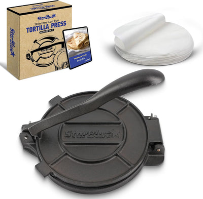 10 Inch Cast Iron Tortilla Press by StarBlue with FREE 100 Pieces Oil Paper and Digital Recipes e-book - Tool to make