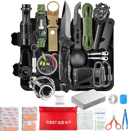 Survival Kit and Emergency Gear - 66 in 1 Outdoor Equipment with First Aid Fire,Starter, Knife, Compass for Camping