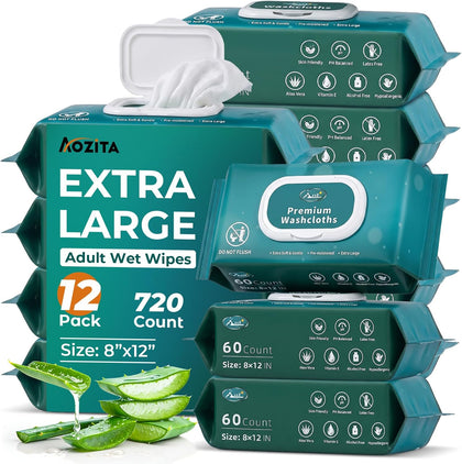 720 Count (12 Packs of 60) Wipes for Adults, 8" x 12" Extra Large Wet Wipes for Incontinence & Cleansing, Disposable