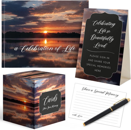 All-In-One Funeral Guest Book Set – Elegant Memorial Guestbook, Funeral Register Book, 60 Memory Cards, Collection