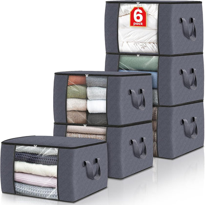 6 Pack Storage Bags for Clothes and Blanket, Foldable Closet Organizers and Storage with Zippers, Clear Window and
