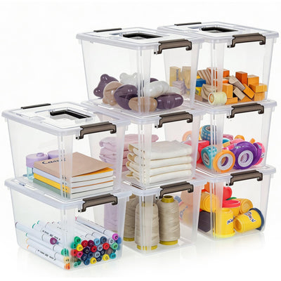 8 Packs 6 QT Plastic Storage Bins with Latching Lids Clear Storage Box with handle Stackable Storage Containers for
