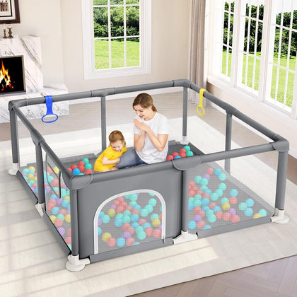 Baby Playpen, 47"x47" Small Play Pen for Babies, Grey | Breathable Visible Mesh, Anti-Fall Design, Easy Setup