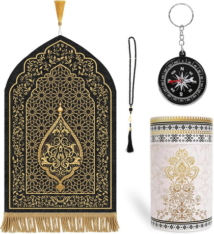 Muslim Prayer Rug with Tasbih Prayer Beads and Compass Keychain