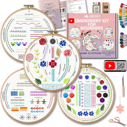 Embroidery Kit for Beginners – DIY Hand Embroidery Set for Adults with 4 Stamped Patterns, Hoop, Threads, Needles and