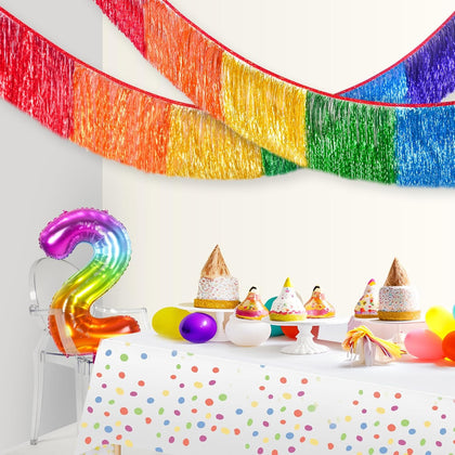 Rainbow Foil Fringe Garland Party Decorations, 12 Feet Rainbow Tinsel Metallic Glitter Banner, Hanging Table Skirts