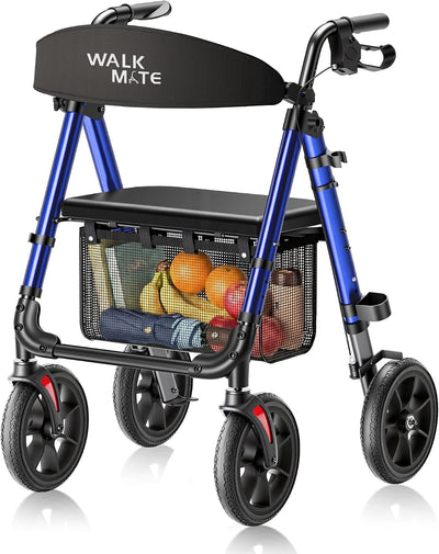 Rollator Walker for Seniors, 10 Inch Big Wheels, Reinforced Aluminum Frame 350lb Weight Capacity, Foldable All