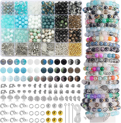 8mm 18 Colors Glass Beads for Jewelry Making, 810pcs Charm Bracelet Making Kit - Crystal/Crackle/Stone/Gold & Silver