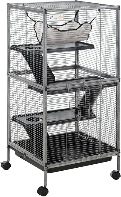 Metal Small Animal Cage, 4-Tiers Rolling Big Ferret Cage, Gray