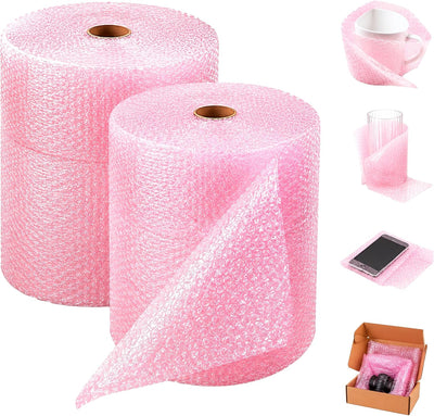 Anti-Static Pink Small Bubble Wrap, 3/16 Inch, 12 Inch x 175 Ft Roll, Perforated Protective Cushioning for
