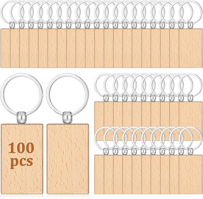 100 Pcs Wood Keychain Blank, Unfinished Laser Engraving Blanks | With Key Rings, Rectangular Keychain Ring Tag Wood