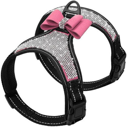 Rhinestone Dog Harness - Reflective Bling Nylon Dog Vest with Sparkly Bow Tie for Small Medium Large Dogs Walking