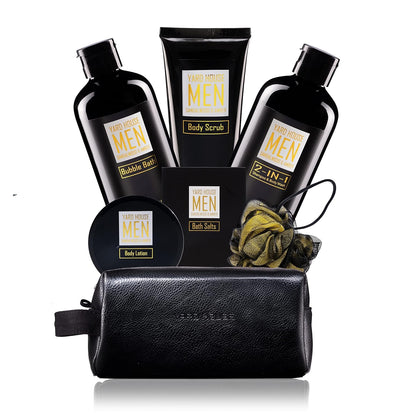 Bath and Body Spa Gift Baskets Set for Men - Sandalwood Amber - 7Pc Full Size Spa Kit in Toiletry Bag - Fathers Day